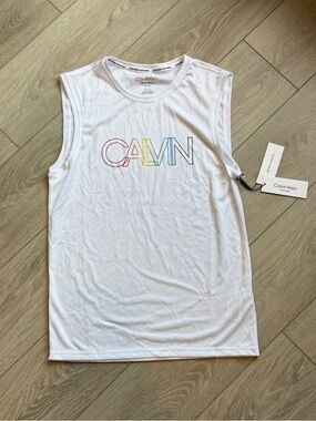 Calvin Klein Men's Small White Rainbow Logo Tank Top Rash Guard NWT Pride